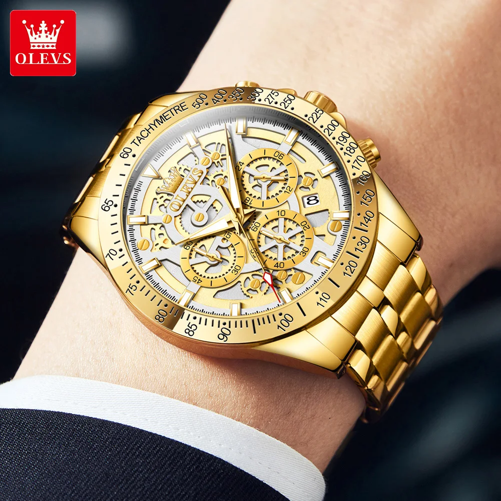 OLVES Men's Watches Luxury Golden Man Watch Stainless Steel Luminous Quartz Wrist Watch Automatic Movement Watches for Men Clock