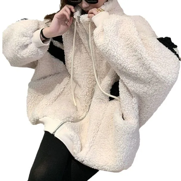Coat women 2026 casual loose patchwork zipper thickened lambskin autumn winter warm stand-up collar jacket men women clothing
