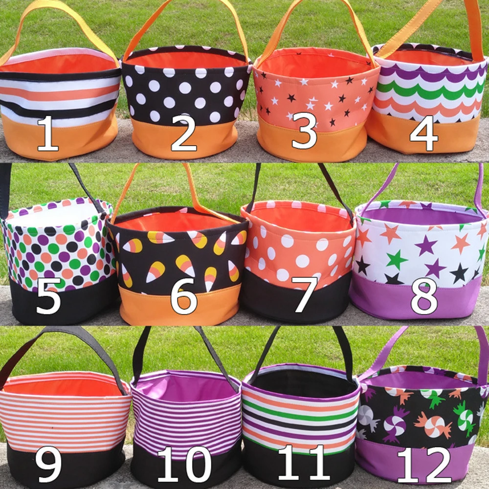 

DIY Children's Halloween Candy Bags Striped Polka Dot Pumpkins Handbag Gift Handmade Halloween Decoration Grocery Storage Basket