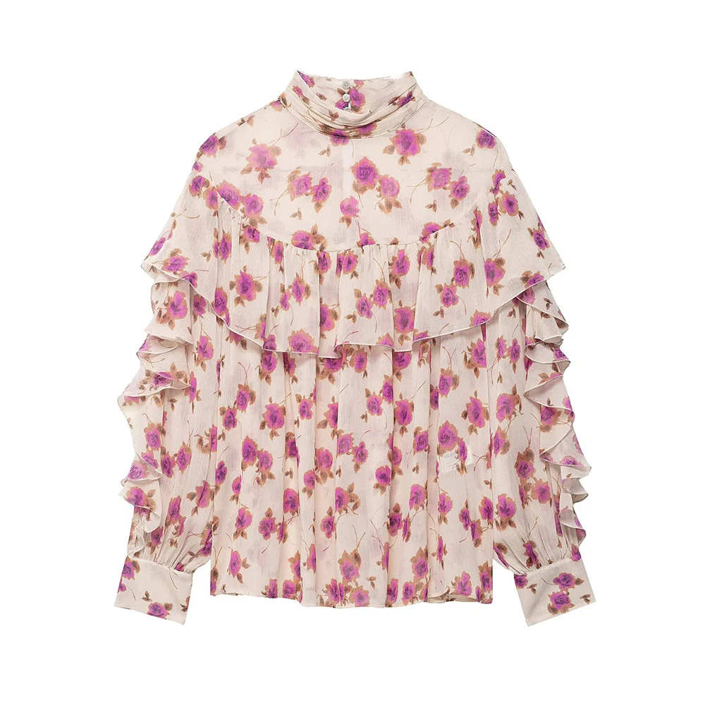 

WOMAN 2026 Summer New Fashion Printed Laminated Shirt Vintage Long Sleeve All-match Casual Female Shirts Blusas Chic Tops