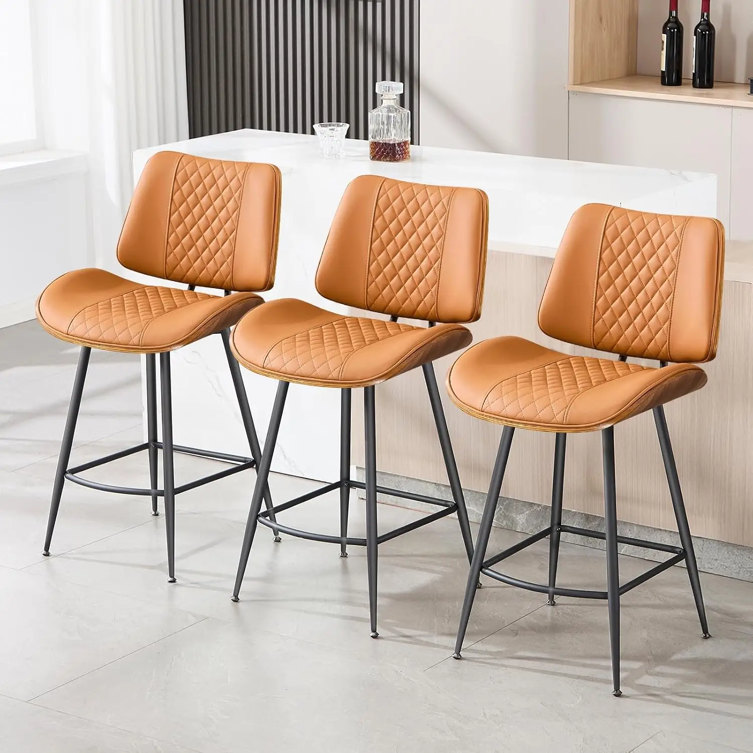 Conjunto de 3 Banquetas Altas para Balcão, Banquetas sem Braços de 26,9 polegadas com Pernas de Metal, Cadeira de Pub em Nogueira com Estilo Moderno, Personalizável