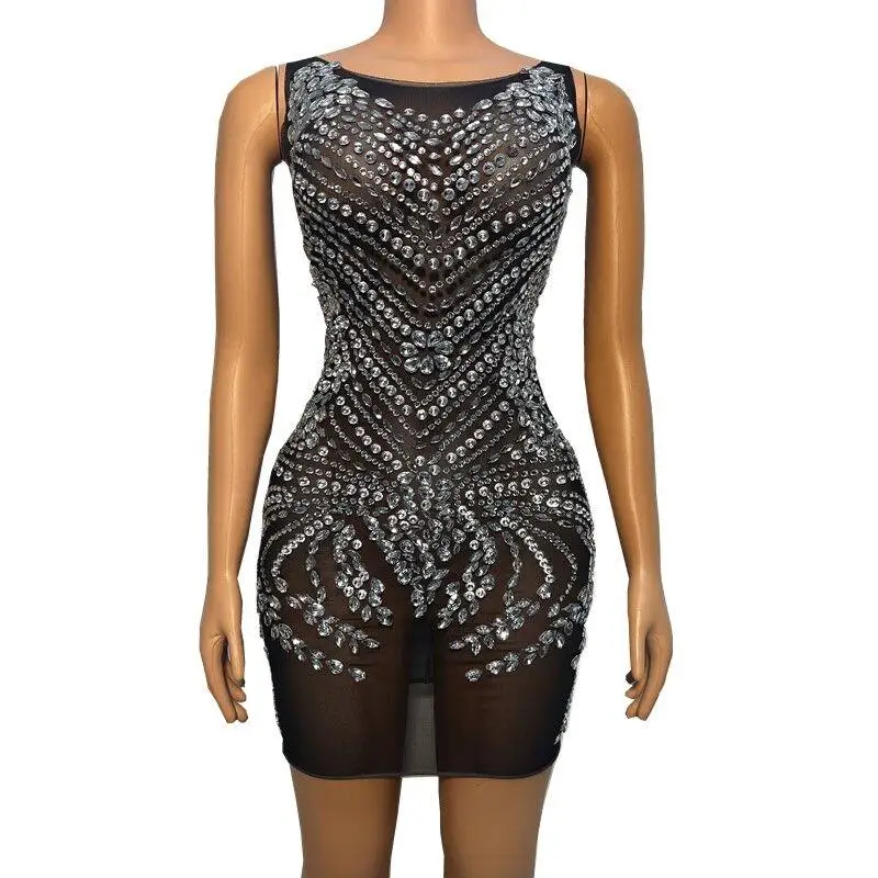 

Sexy Transparent Sleeveless Rhinestone Mesh Bodycon Short Dress Celebrity Luxury Shiny Crystal Prom Birthday Dress Stage Costume