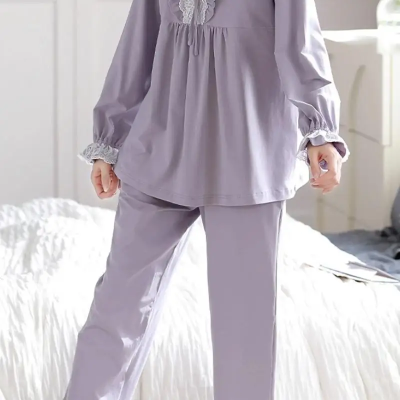 Women's Floral Long Sleeved Long Pants Pajama Set Women's Spring and Autumn Lace Round Neck Home Wear Student Soft Two-Piece Set