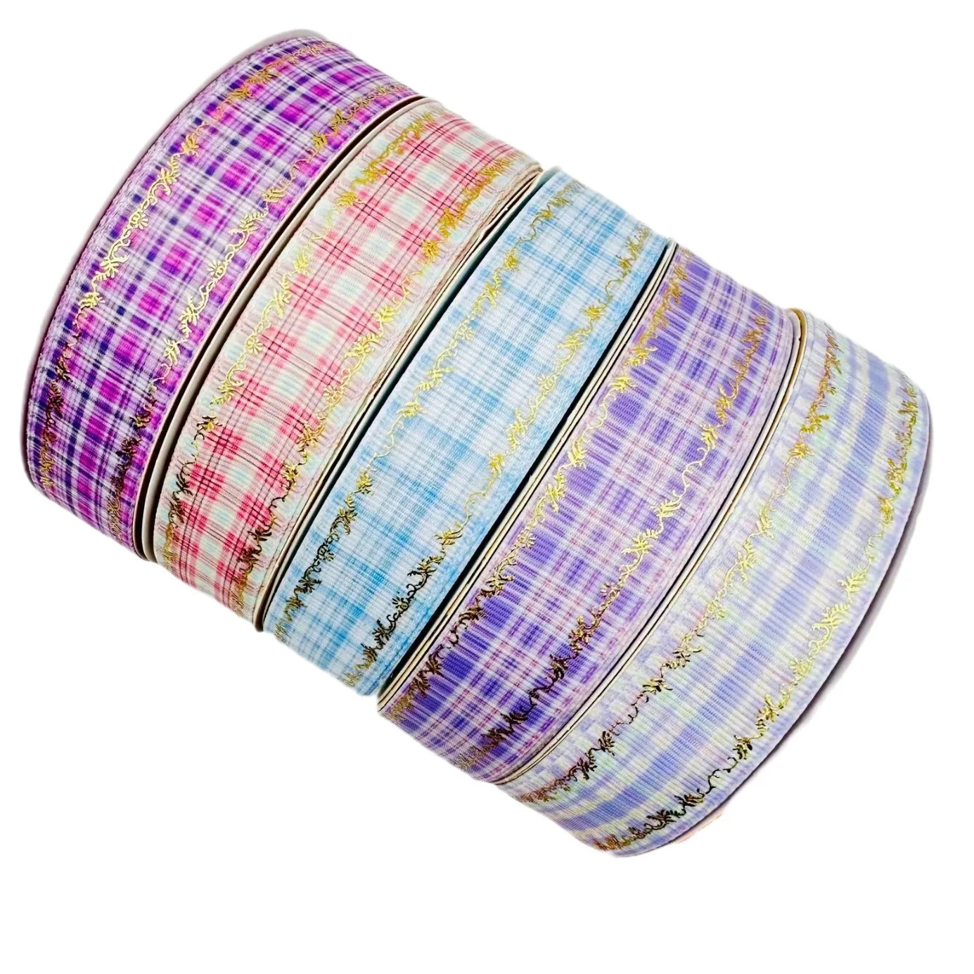 50yards 25MM Gold Foil Damask Patternon Edge Plaid Grosgrain Ribbon Welcome Custom Printed