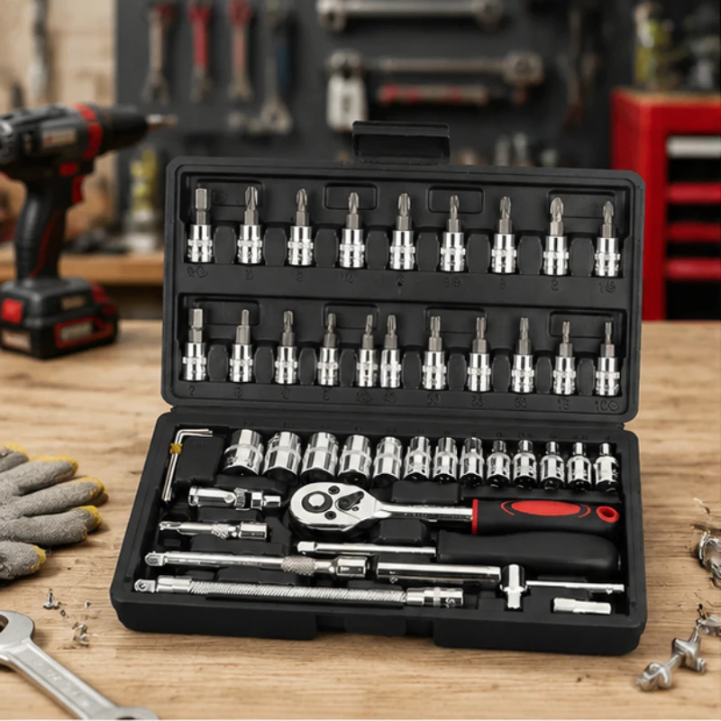 

46PCS Socket Ratchet Wrench Kit, 1/4 Inch Drive with Metric Bit Sockets & Extension Bars, Heavy Duty Auto Repair Tool Set for