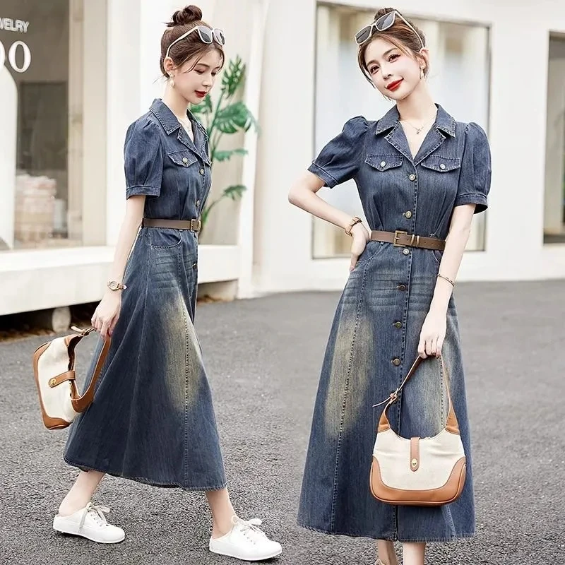 Vestido Jeans Retrô de Luxo Feminino, Novo Modelo de Verão, Cintura Ajustada com Cinto, Vestido Longo Jeans Feminino de Botões, Modelo Evasê, Tamanhos Grandes até 4XL