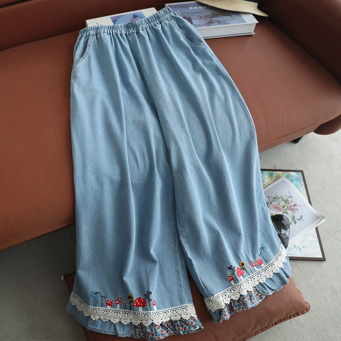 Japanese Mori Girl Vintage Lace Cartoon Embroidery Denim Wide Leg Pants Women Spring Elastic Waist Casual Loose Straight Jeans