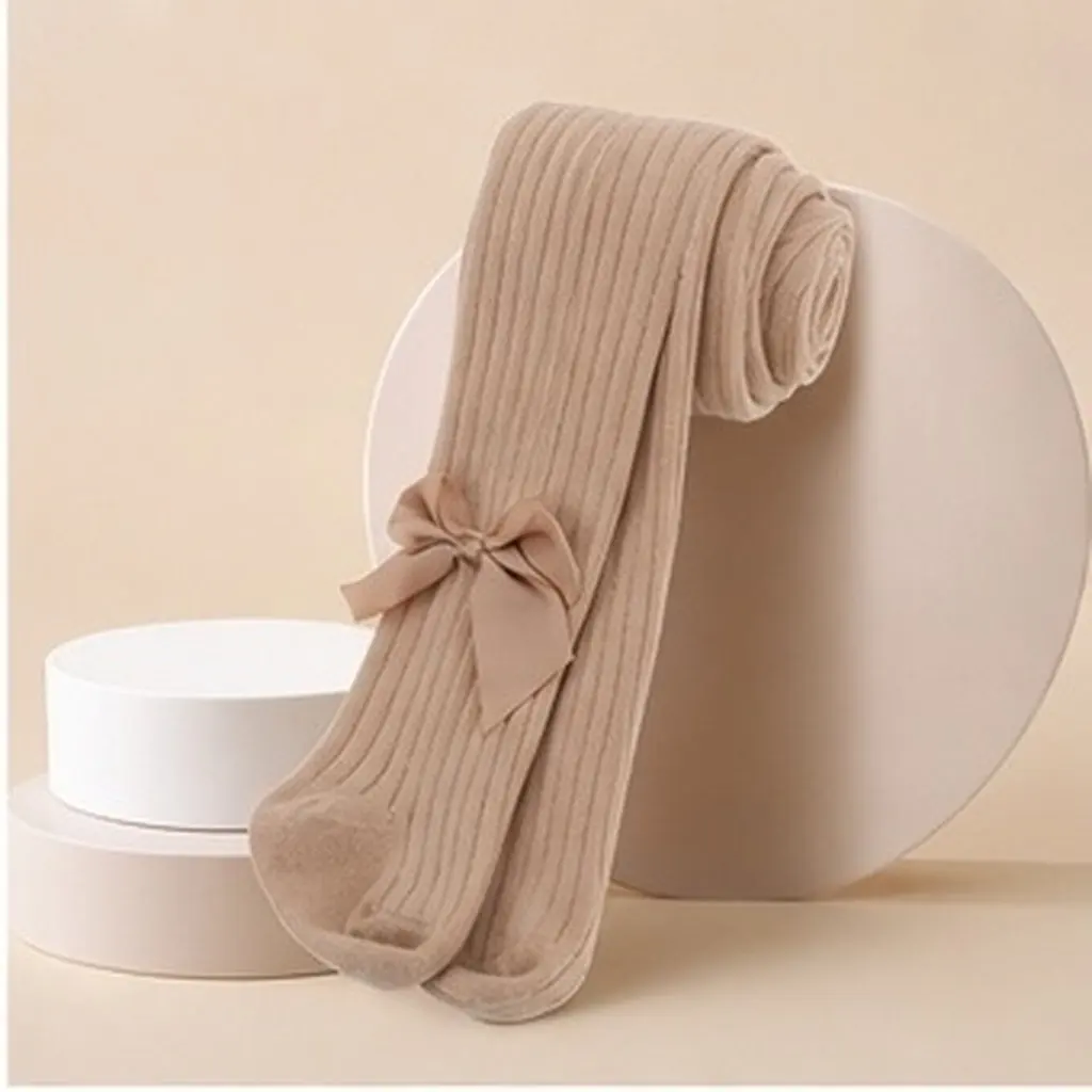 1Pair Stylish Ribbed Texture Bow Accented Baby Girl Leggings Cotton Knee High Socks Easy on Off Spring Autumn Warm Layering