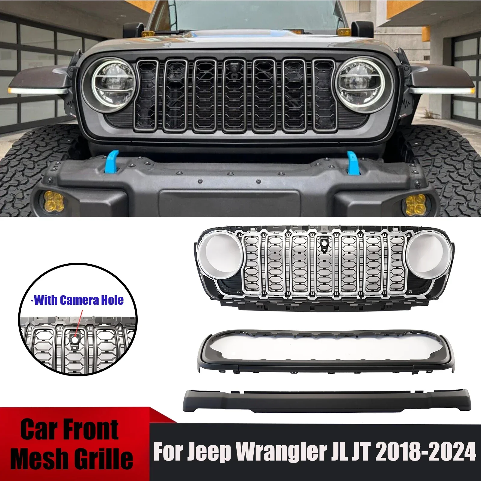 For Jeep Wrangler JL JT 2018-2024 Car Front Mesh Grille Body Kit With Camera Hole Exterior Accessories Matte Black/Silver