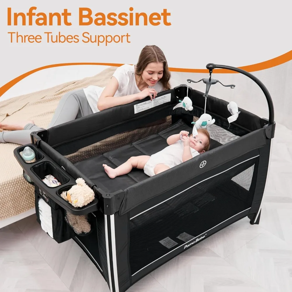 

4 in 1 Baby Playpen with Bassinet Changing Station Portable Crib Breathable Mesh Side Wall and Detachable Mobile Toys