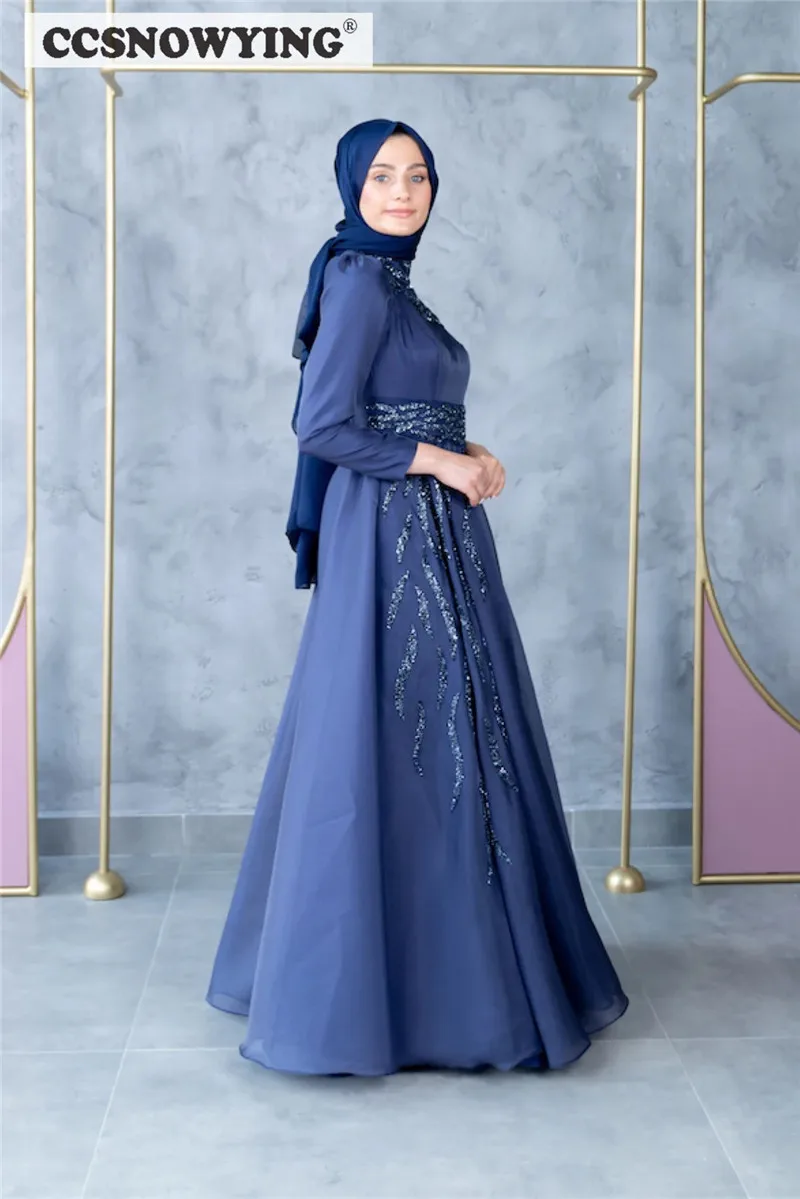 Satin Appliques Dài Tay Hồi Giáo Dạ HộI Cổ Cao Hồi Giáo Hijab Tiệc Trang Trọng Bầu Một Dòng Tiếng Ả Rập Dubai Áo De soirée