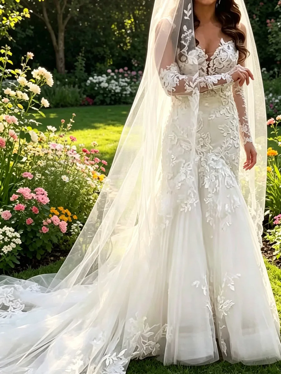 

Elegant Boho V-Neck Appliquins Sleeveless Romantic Mermaid Bride Wedding Dresses Bridal Gowns Customized