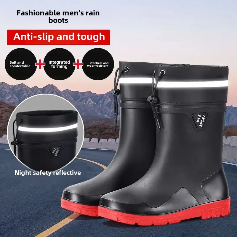 Fashionable Waterproof Non-Slip Short Rain Boots For Men Kitchen Thick Bottom Work Shoes Rubber Soles Plastic Upper Lined With W