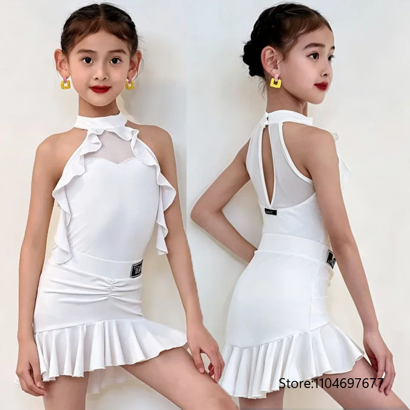 

2026 New Girls' Latin Dance Uniforms - White Ruffled Strap Training Dancewear Performance Outfits Slimming Sets