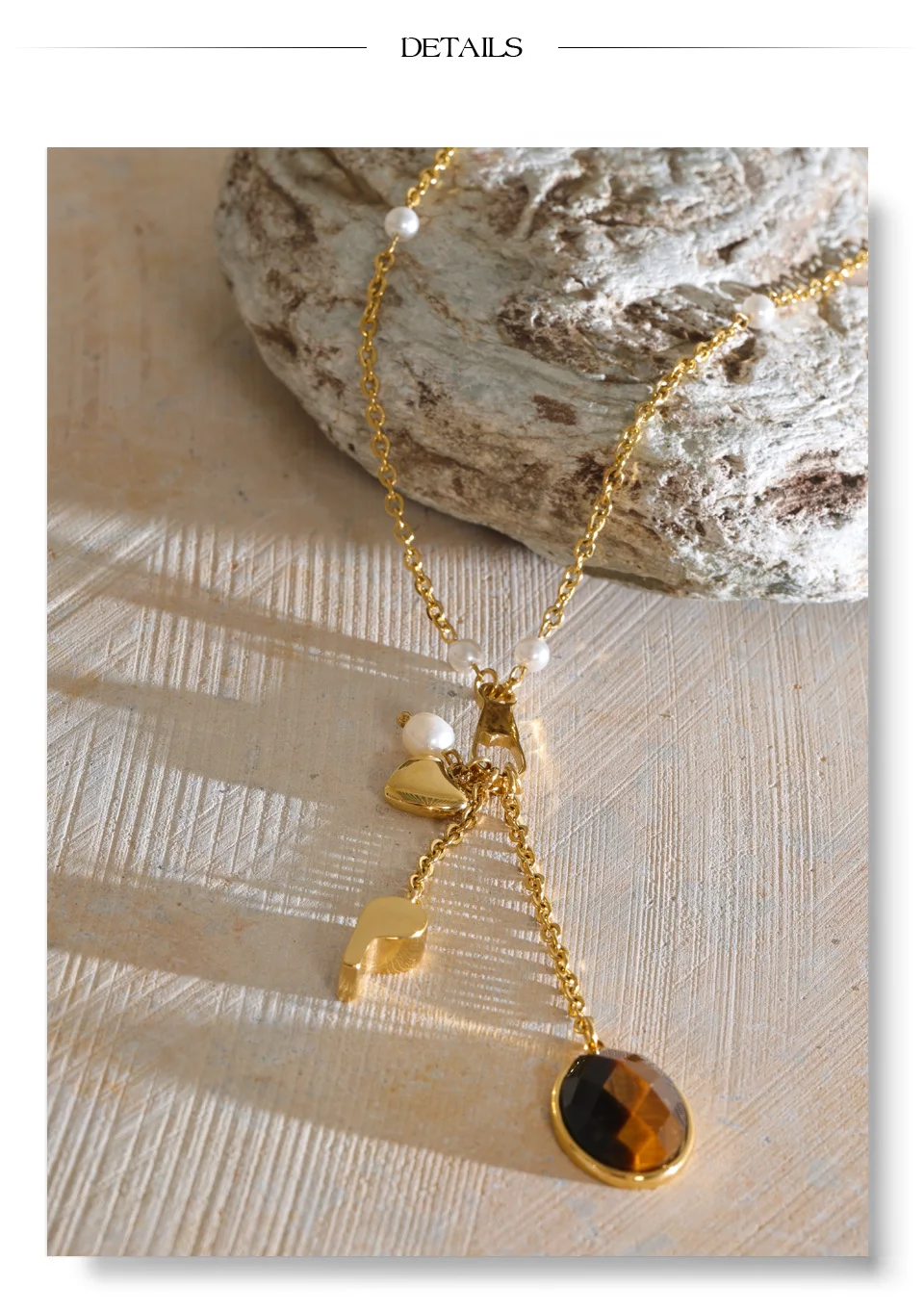 Yhpup Edelstahl Y-Kette mit Tigeraugen-Stein und Perlen-Anhänger, wasserdichte Halskette, Neuheiten, Vintage-Modeschmuck – Detail 4