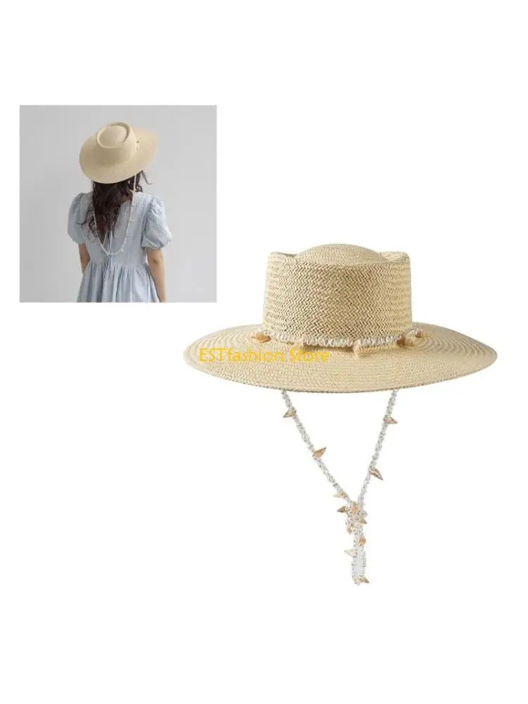 Y5GC Women Wide Brim Straw Hat Flat Top Beaded String Beach Vacation Hats Accessory