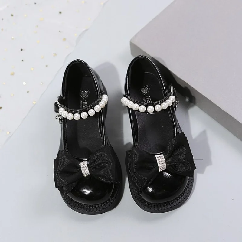 26-37 bow Children Leather Shoes Fashion Patent Leather Girl\'s Flat Shoes Black beige School pearl Kids Princess Mary Janes Shoe