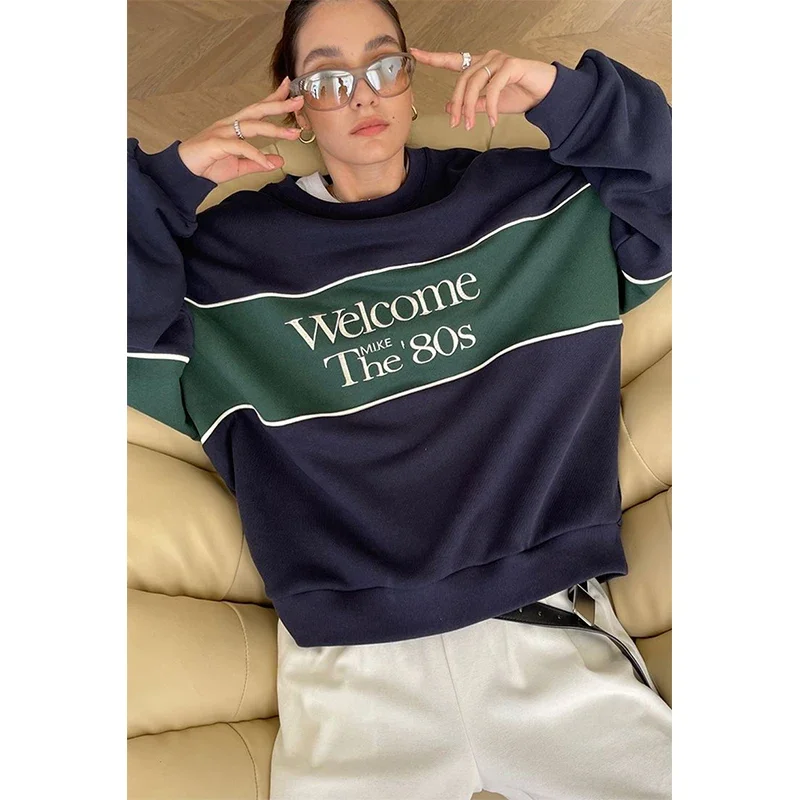 Streetwear Patchwork Sweatshirt Women Y2K Oversized Letter Print Pullovers Vintage Korean Loose Casual All Match Hoodies Tops