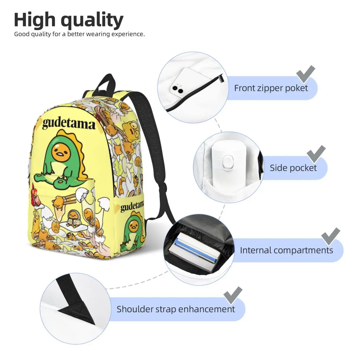 Mochila Gudetama para preescolar, guardería, escuela, estudiante, mochila, niño, niña, niños, mochila de lona al aire libre