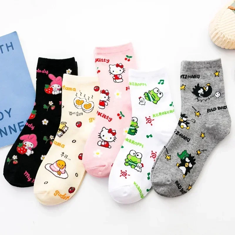 

5 Pairs Kawaii Sanrio Kuromi Socks Melody Cinnamoroll Women's Sweet Cartoon Hello Kitty Kirby Cute Kids Girls Mid-calf Socks