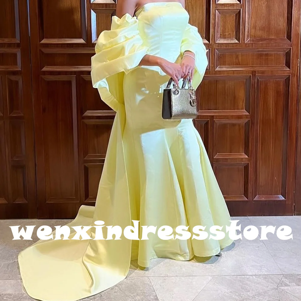 Yellow Satin Floor Length Straight Short Sleeves Off the Shoulder Pleats Quinceanera Dress Pleats Court Train Party Gowns Formal