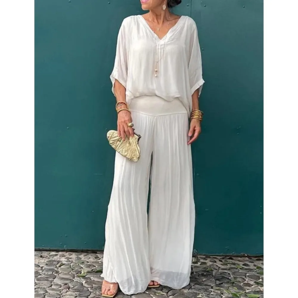 

Elegant Women'S Solid Color Chiffon Top Suit Spring And Summer New Fashion Casual Loose Wide Leg Pants Female Office 2 Piece Set