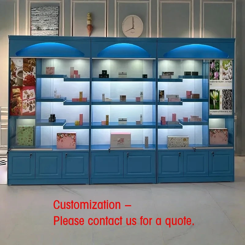 

custom.Luxury Standing LED Cosmetic Display Stand Durable Glass Back Ladder Shelves Customizable Wooden Retail