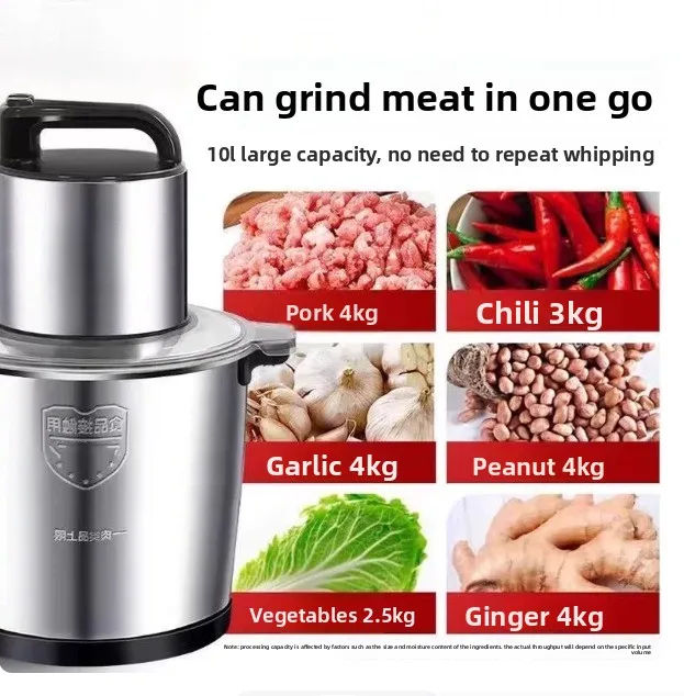 Meat grinder, large-capacity commercial 10L multifunctional stainless steel high-power filling, chopping, and garlic mixer