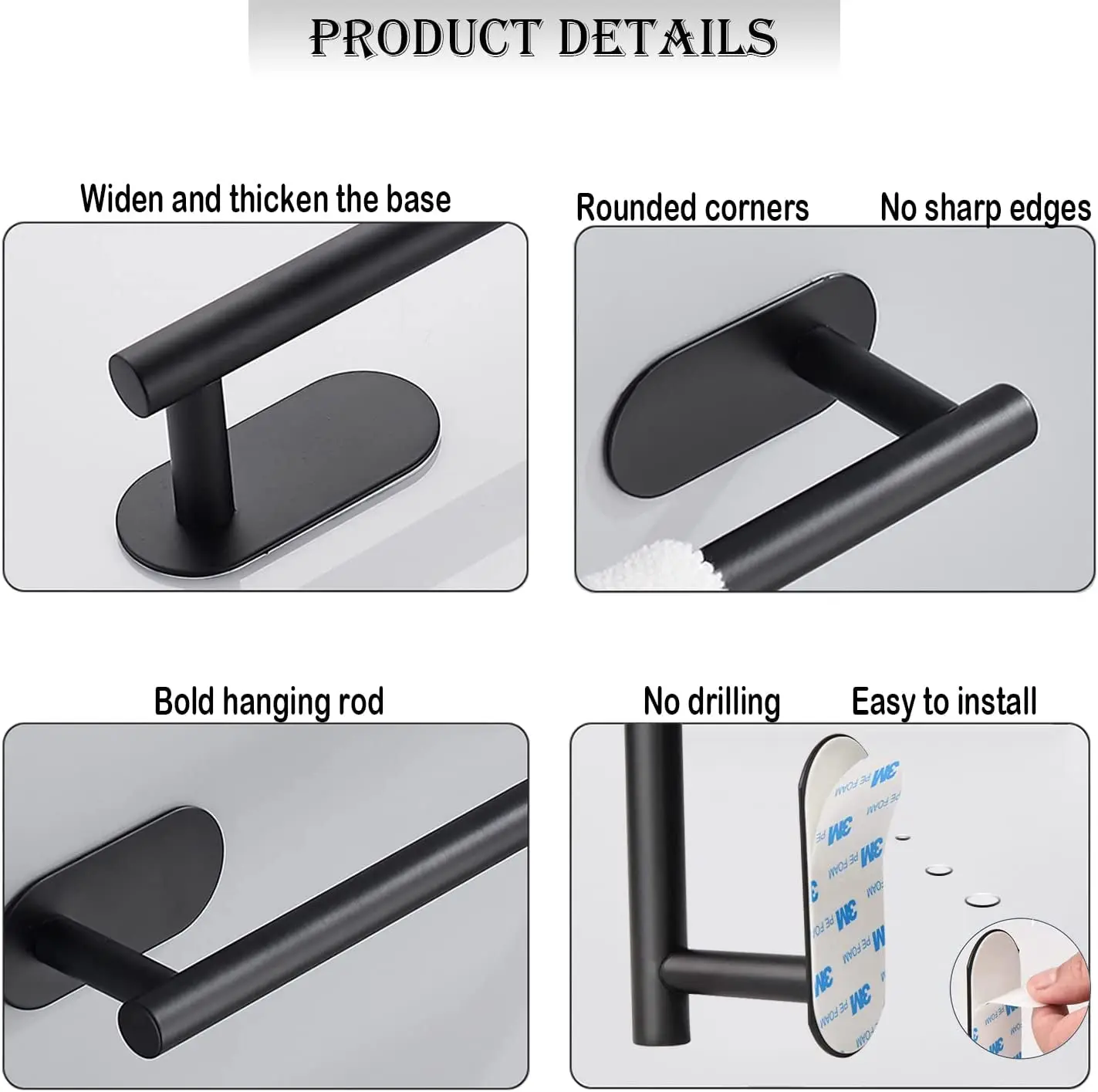 Self Adhesive Towel Bar Black Stick On Bath Towel Rack No Drill Stainless Steel Towel Holder Bathroom Accessories