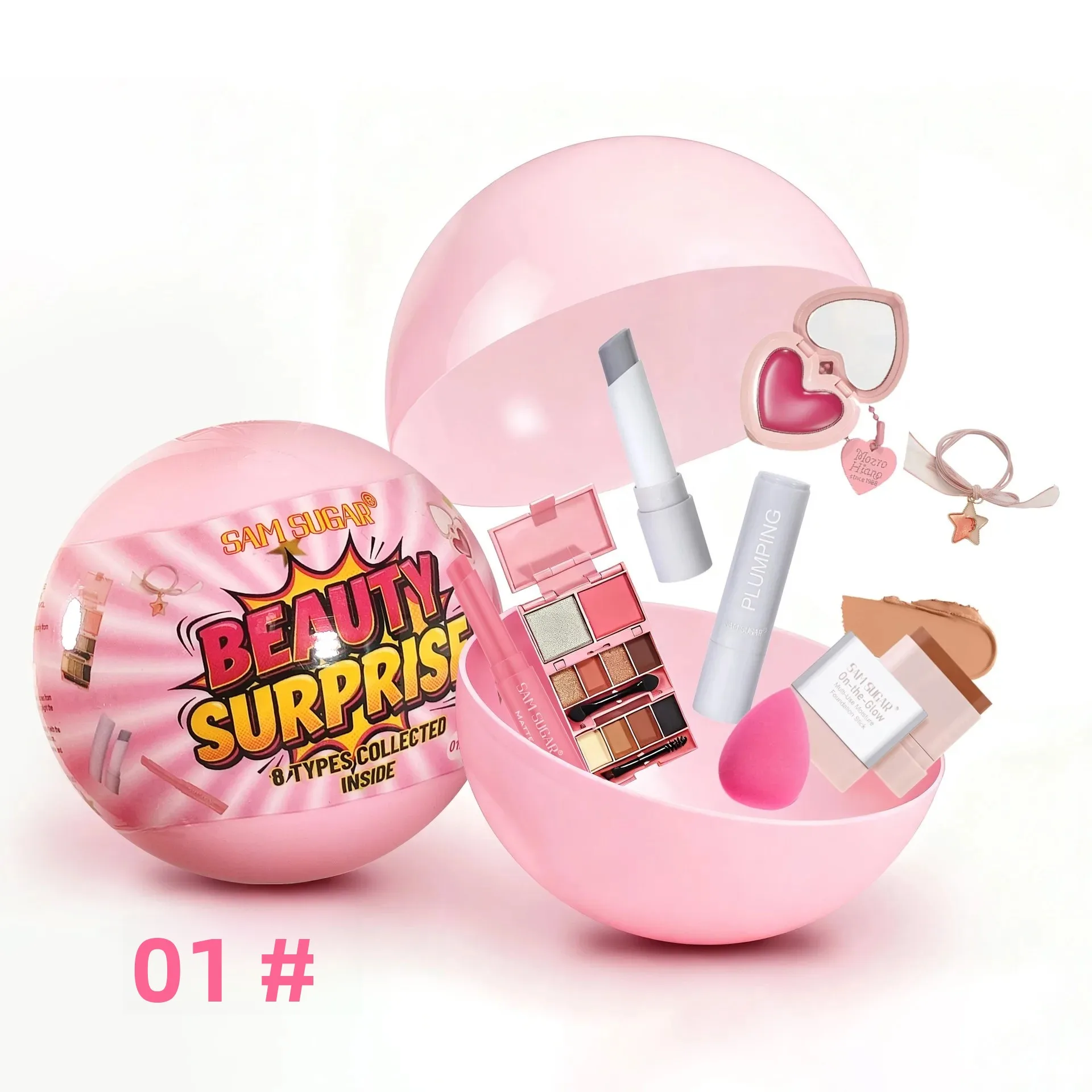 7個入りクリスマスミニメイクアップセット - 口紅、コンシーラー、チーク、パフ、5in1パレット、クリエイティブなボール型パッケージ、初心者向け、ホリデー用