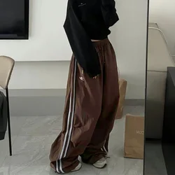 Retro SweatPant Oversized Baggy Pants Fashion Women Striped Elastic Waist Pocket Wide Leg Pant Streetwear Vintage Y2K Trousers