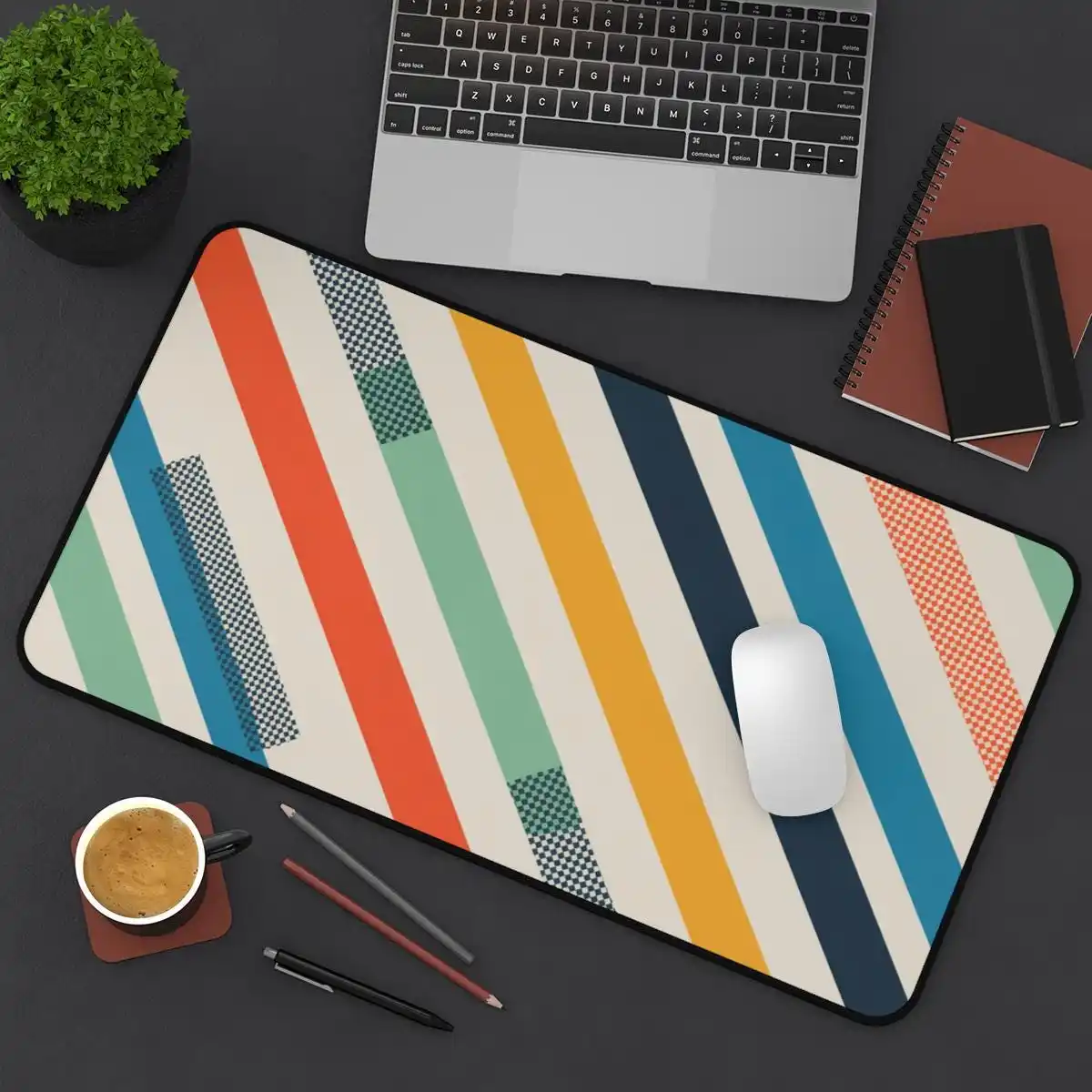 

Vintage Diagonal Stripe Patchwork Plaid Table Mat, Cream, Teal, and Navy Blue Patchwork, Extended Mouse Pad, Tech Accessories