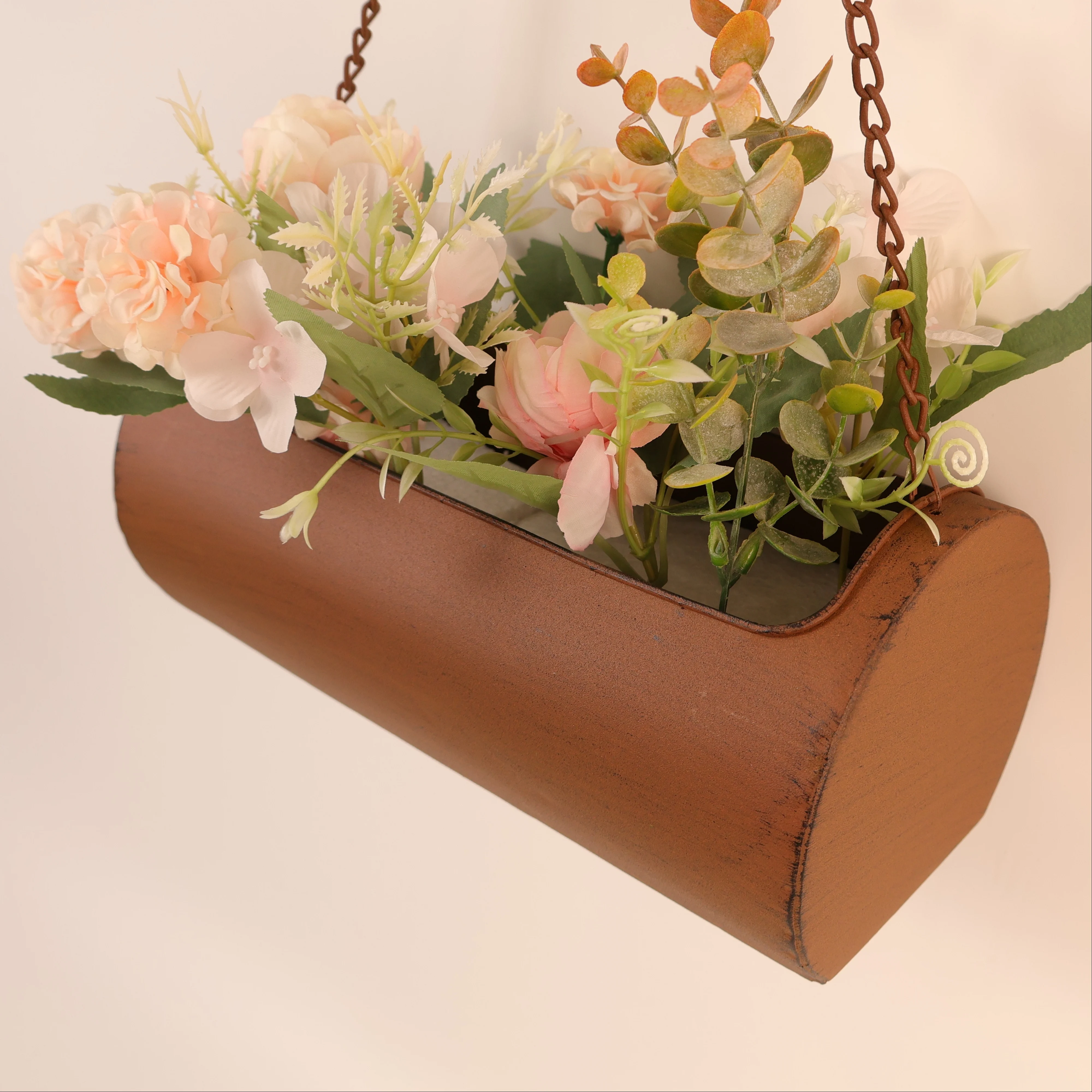 Vintage Log Shaped Hanging Planter with Metal Chain, Wall Mount Succulent Flower Pot for Indoor Window Decor