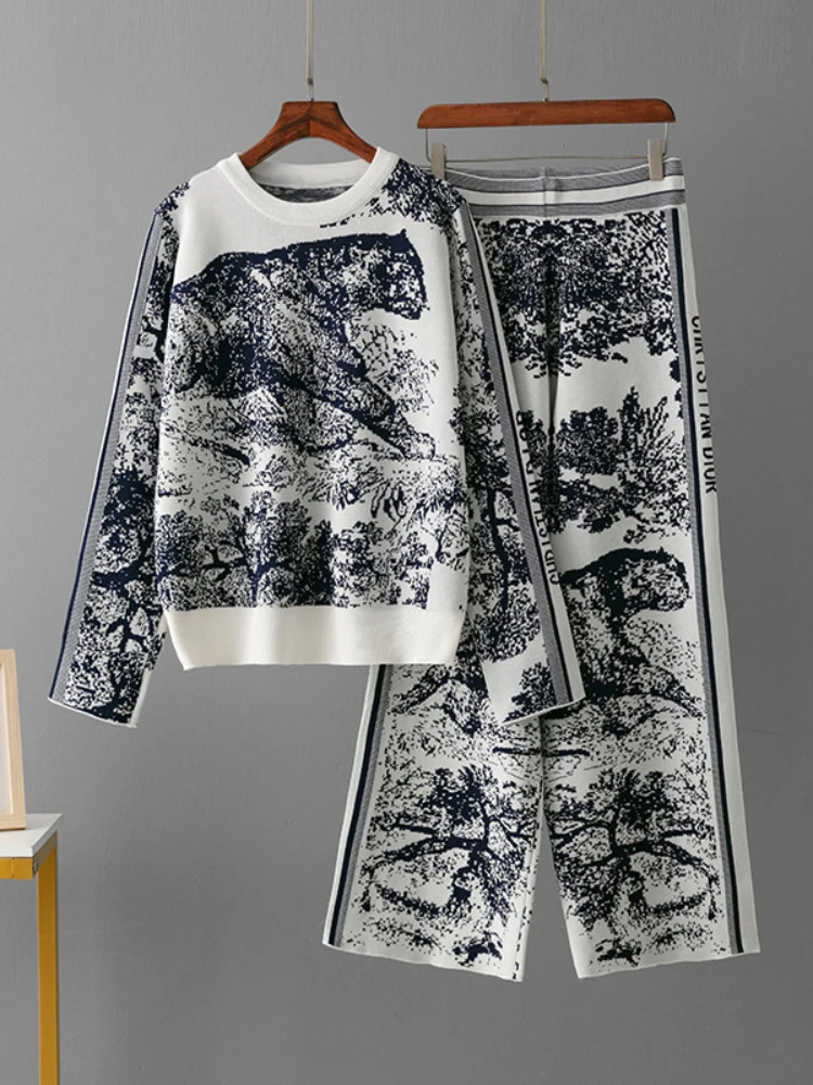 Fashion 2 Pieces Set Knitted Animal Print Elegant Casual Sets Women O-Neck Long Sleeve Knitwear+Wide Leg Long Pants