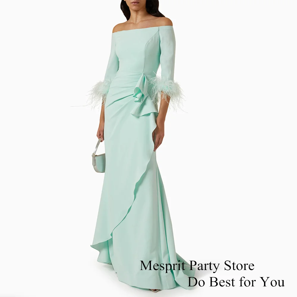 Mint Mermaid Prom Dress 3/4 Sleeves Boat Neck Feathers Formal Occasion Dresses Sweep Train Saudi Evening Gown فساتين طويلة