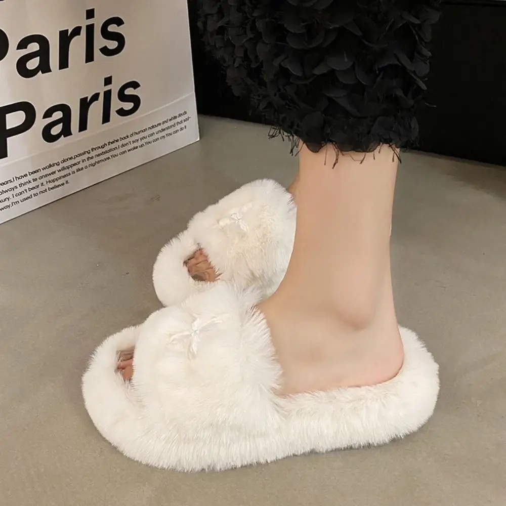 Damen-Pantoffeln mit Kreuzmuster, offener Zehenbereich, weiche, flauschige Textur, Plattform, warme Baumwoll-Pantoffeln, verschleißfeste, rutschfeste Sohlen – Detail 9