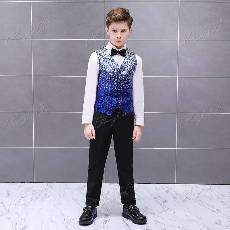 Children's Positioning Gradient Sequin Waistcoat Boy Stage Host Reciting The Horse Clip Boy Catwalk Performance Wedding Suit