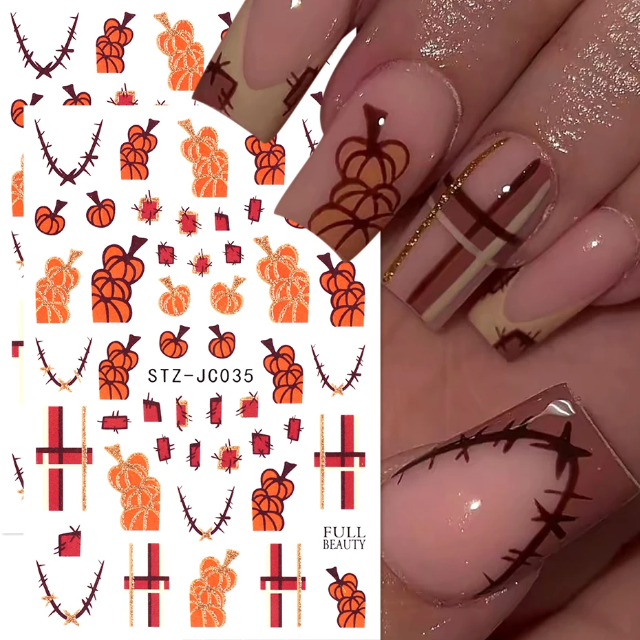 2pcs Fall Pumpkin Plaid Thorn Branch Halloween Nail Art Stickers Autumn Glitter Pumpkin Nail Decals Wedding DIY Nail Decor