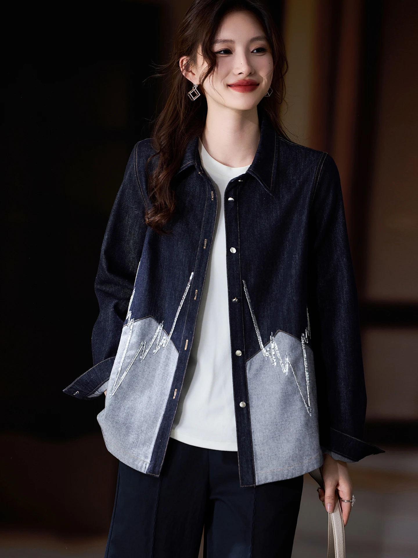 

Модная женская джинсовая рубашка свободного кроя с бисерной отделкой, новинка весны, уличный стиль, из смесового хлопка и полиэстера, с длинными рукавами, прямого кроя