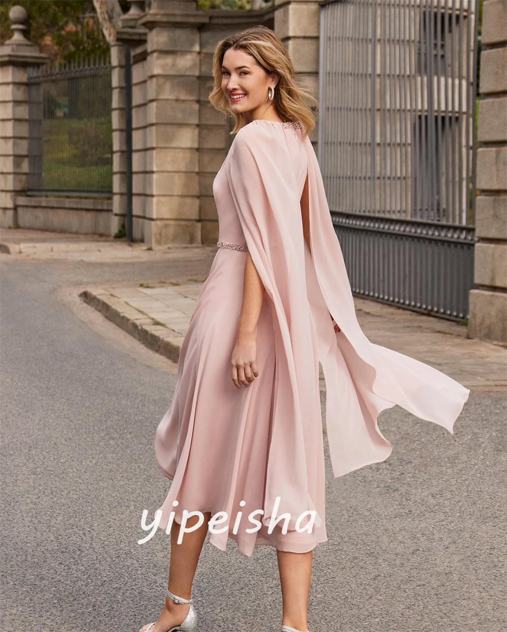 Customized  Sexy Casual   Jersey Sequined Ruched Valentine's Day A-line O-Neck Bespoke Occasion Gown Midi Dresses