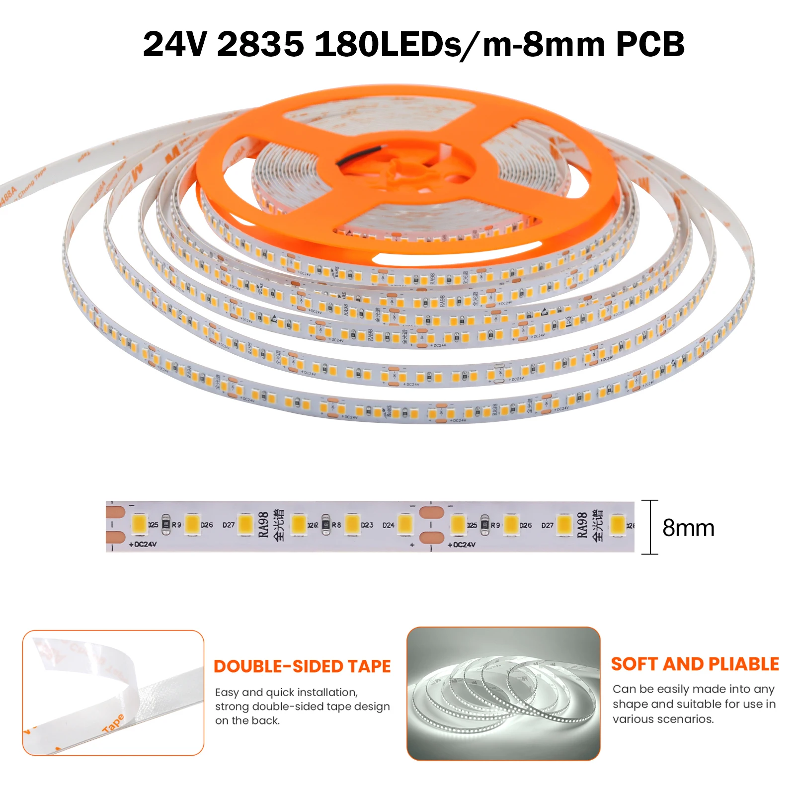 5m 10m LED-Streifenlichter 24V 2835 120/180/240LEDs/m RA98 5mm 8mm 10mm LED-Band 2700K 3000K 3500K 4000K 5000K 6000K Flexibles Klebeband