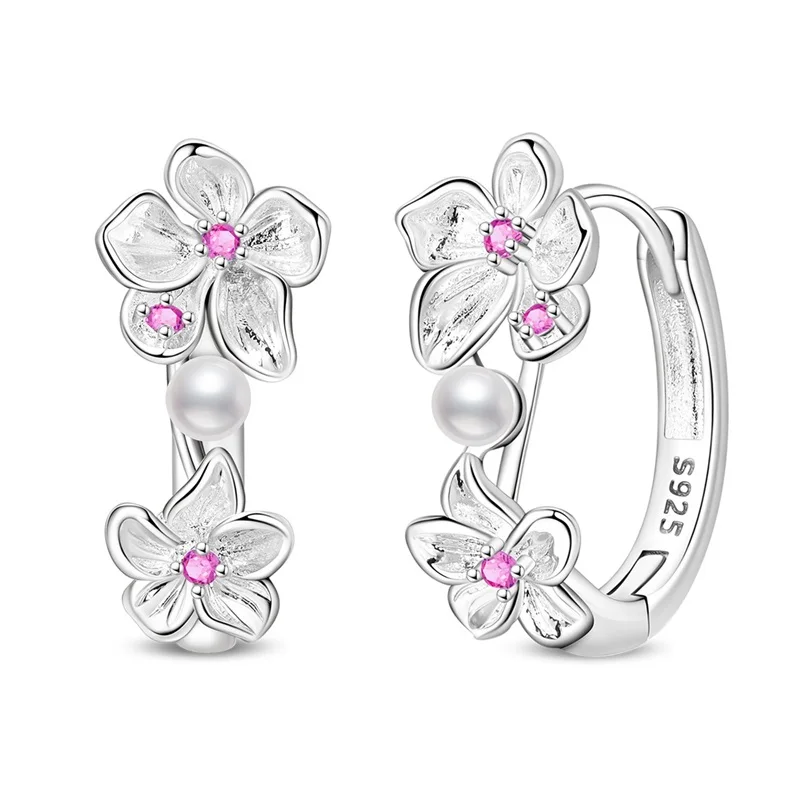 New Original 925 Sterling Silver Pink Flower Wreath Hoop Earrings Sparkling CZ Zircon Earrings For Women Fine Party Jewelry Gift