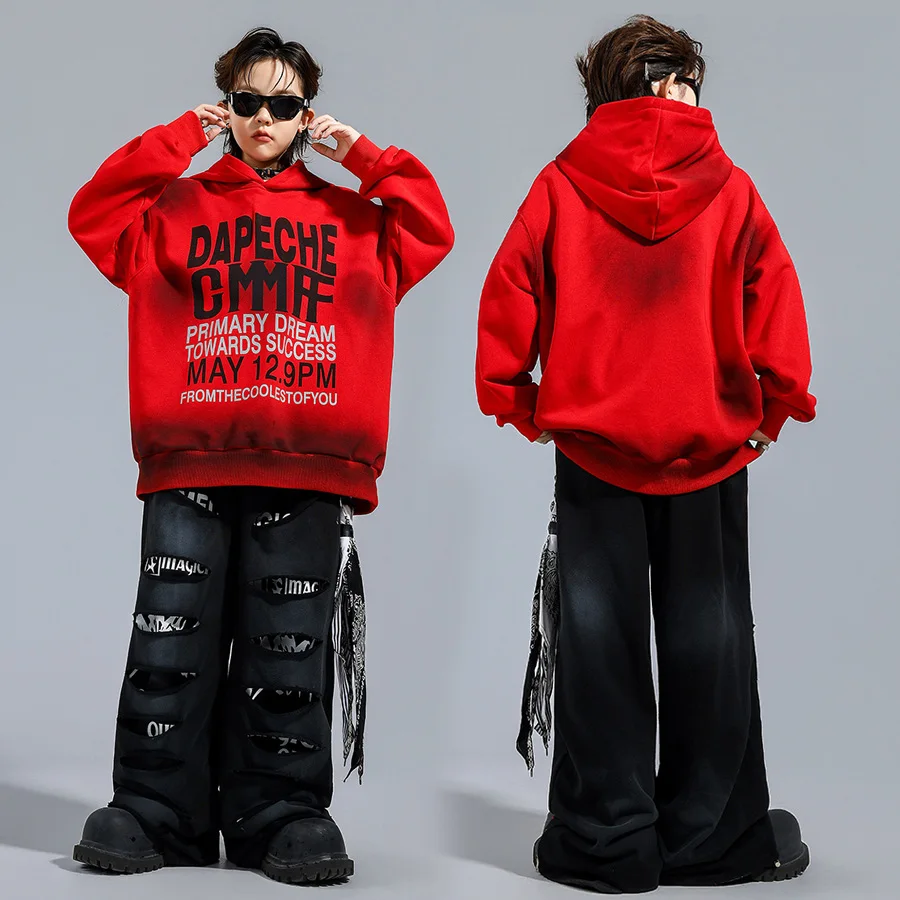 Kids Boys Girls Streetwear Hip Hop Hoodie Ripped Pants Tracksuits Children Hooded Sweatshirts Trouser Sets Performance Clothes