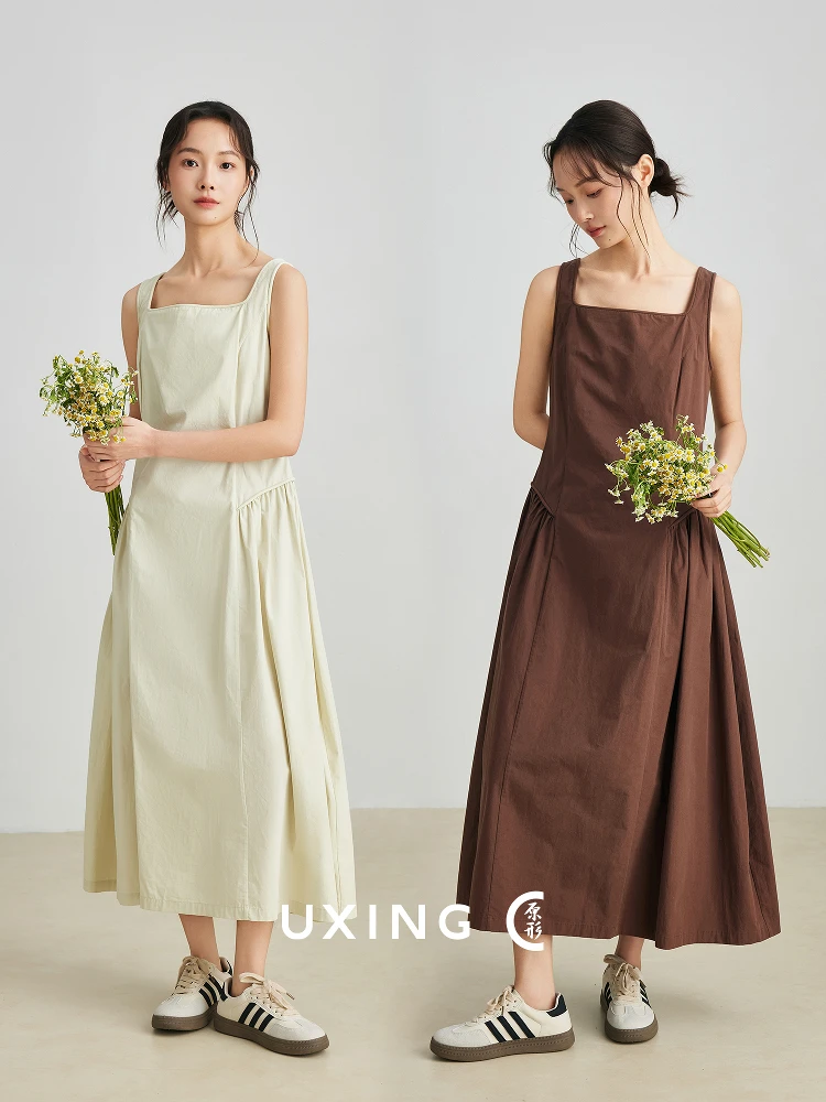 

Ele Long Vest Dr Women's Faion Design Summer New Casual Sle High Waist Cotton Midi Dr Square Collar A-Line Skirt