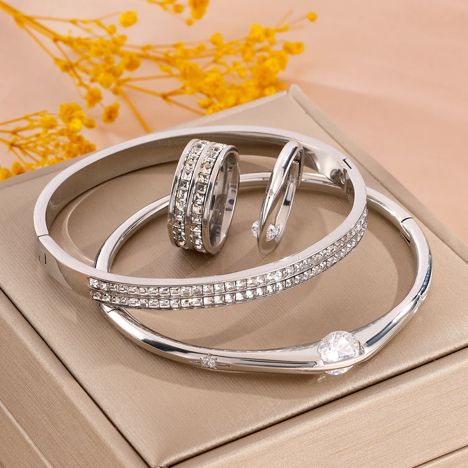 ZAKOL 4pcs/set Light Luxury Women’s Jewelry Sparkling Bracelet Ring Set with Rhinestone Waterproof Stainless Steel Jewelry