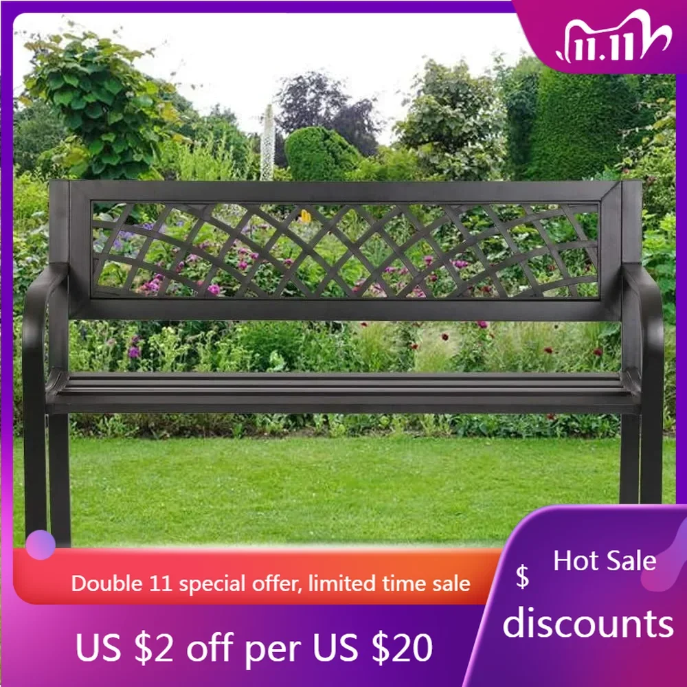 

Patio Park Garden Bench Outdoor Metal Benches,400 lbs Cast Iron Steel Frame Chair w/PVC Mesh Pattern Lawn Furniture,Black