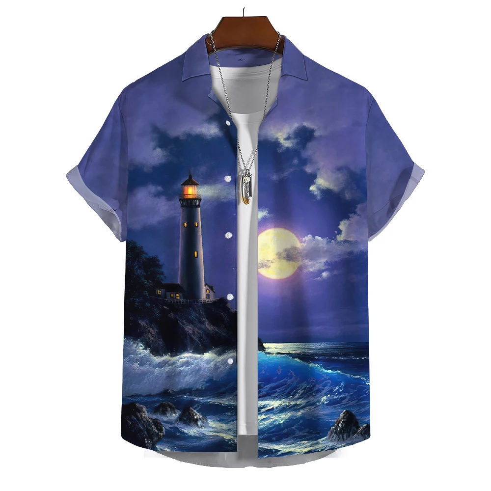 Summer Shirt For Men Lighthouse 3d Printed Men‘S Clothing Loose Oversized Shirt Beach Party Short Sleeved Tops Hawaii Sweatshirt