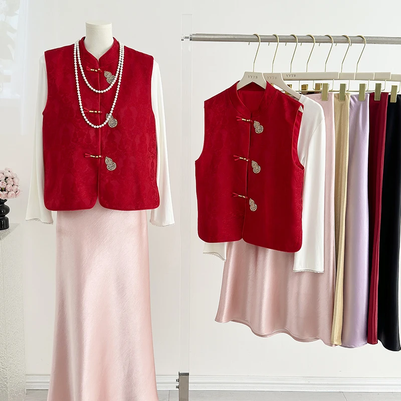 Red Gourd Embroidered Beaded Vest Women's Fashionable Stand Collar Sleeveless Tank Top New Year Style Chinese Cotton Blend