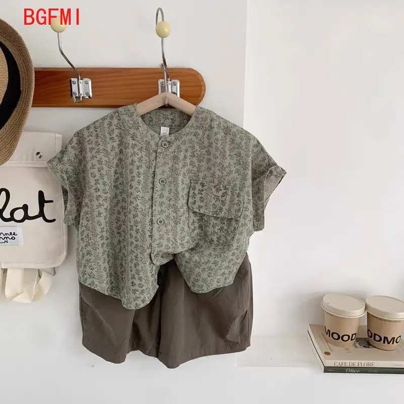 Japanese Boys' Cotton Short Sleeved Printed Shirt+ Shorts Set 2026 Summer New Kid Fashion 2pcs Set Retro Children's Clothing