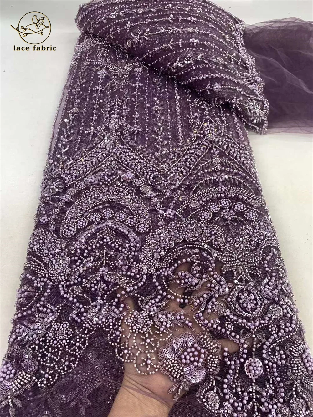 Luxury Hand Beaded Lace Fabric Bridal Fabric High-end Wedding Fabrics French Nigerian Sequins Beads Embroidered on Tulle 5 Yards